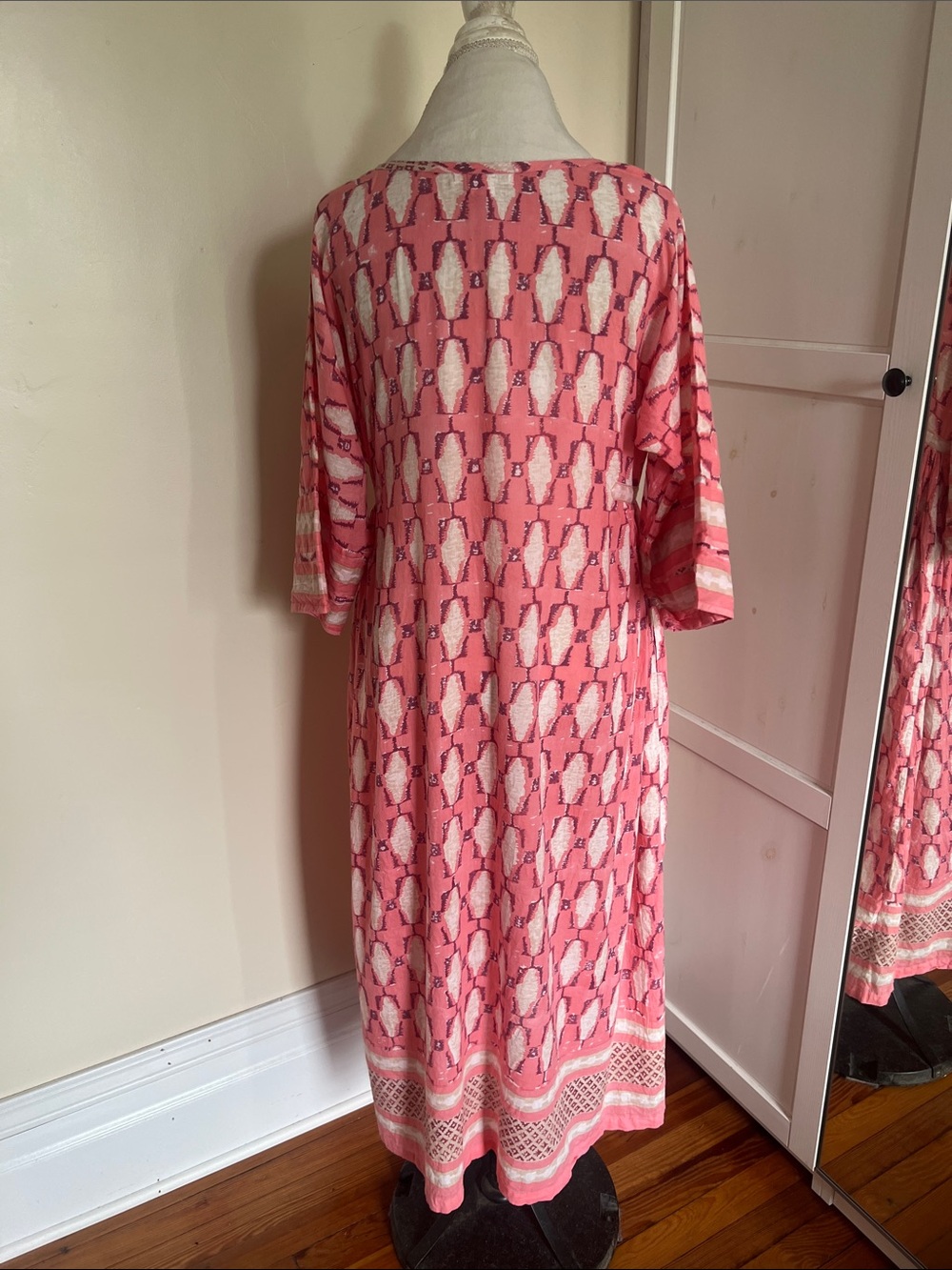 Kerry Cassill Pink Block Print Cotton Midi Dress Kaftan Pockets Size M/L Boho - Picture 7 of 10